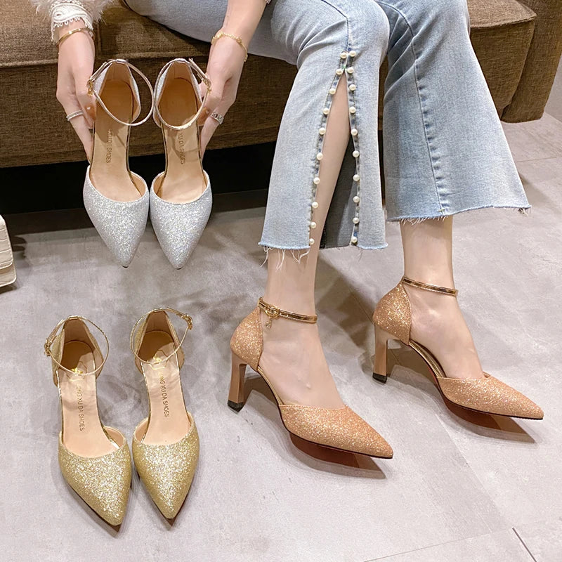 Bling Gold Silver Women Pumps 2023 Sexy Point Toe Thin Heel Party Wedding Shoes Womens Summer Ankle Strap 8cm High Heels Shoes