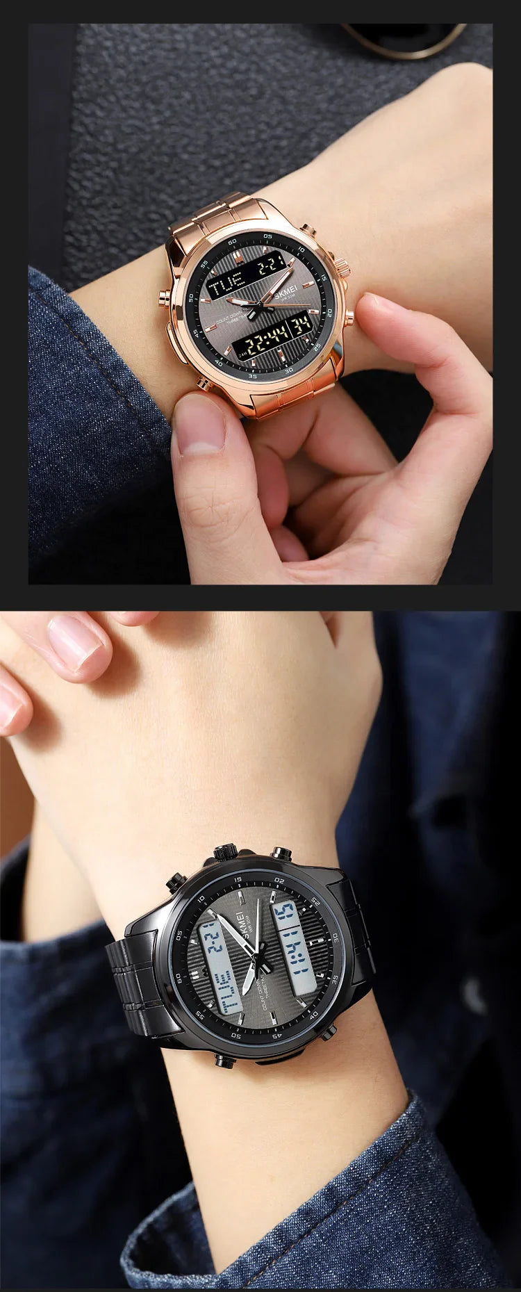 Skmei orologio da polso analogico al quarzo da uomo cinturino in acciaio inossidabile di lusso Led impermeabile digitale sportivo sveglia a tre fusi orari