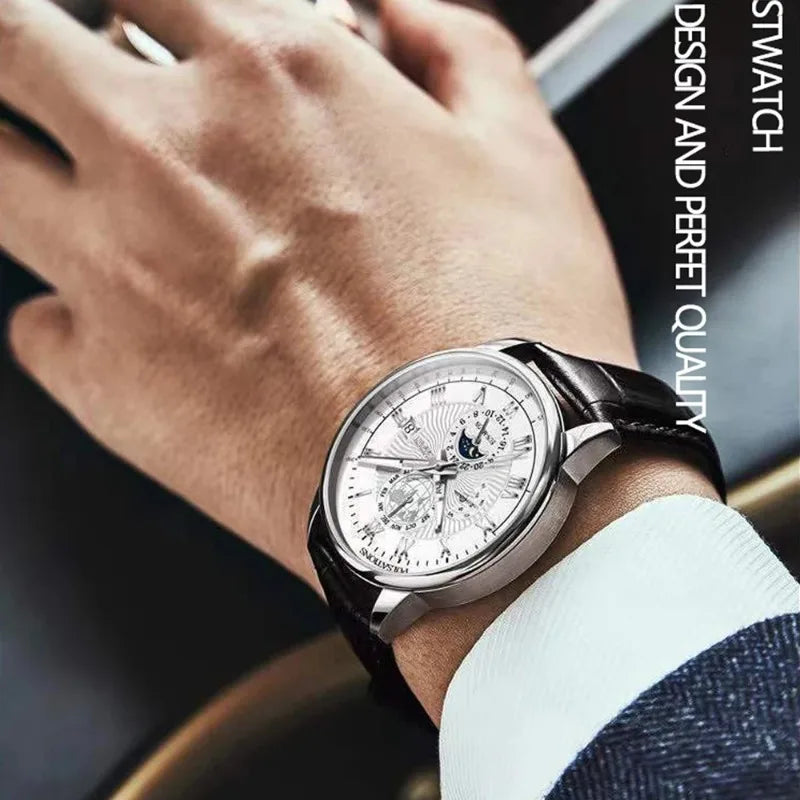 Orologio da uomo di lusso cronografo impermeabile modello fasi lunari orologio da polso da uomo luminoso in pelle orologi al quarzo da uomo orologio Casual