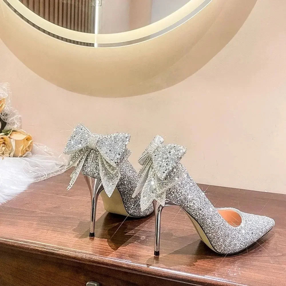 Shoes for Woman 2025 Silver Women's heeled Summer Footwear Wedding Bride Shoe Rhinestone Pointed Toe Super High Heel Diamond