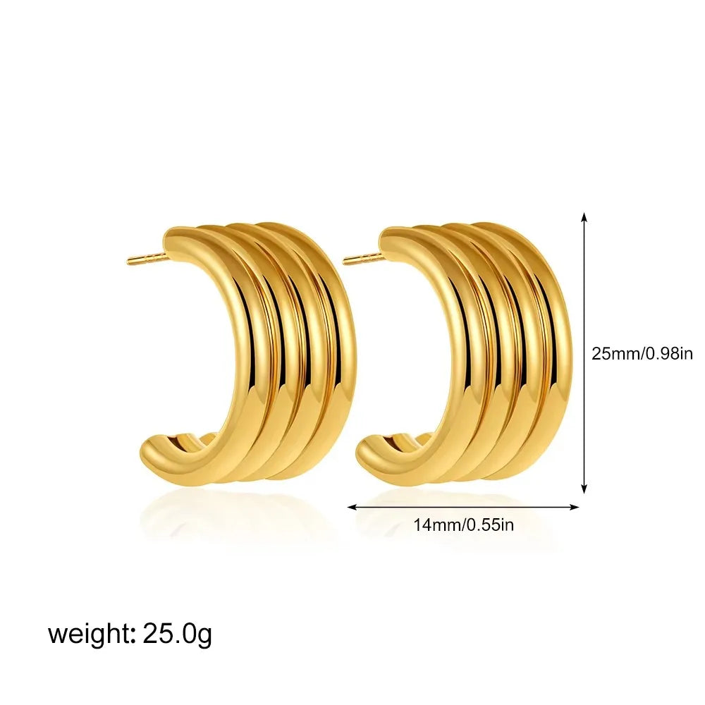 Orecchini a Perno Geometrici a Forma di C Multistrato Placcati in Oro 18K, Antiruggine, in Acciaio Inossidabile per Donne
