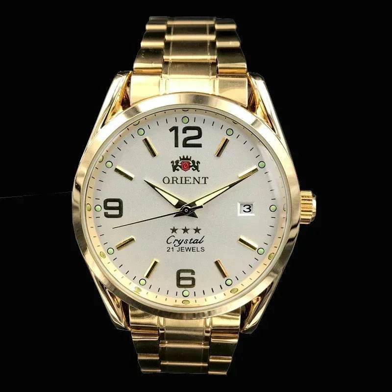 Orient Double Lion Classic Watch Series Orologio da uomo con cinturino in acciaio inossidabile Tourbillon meccanico automatico multifunzione di lusso