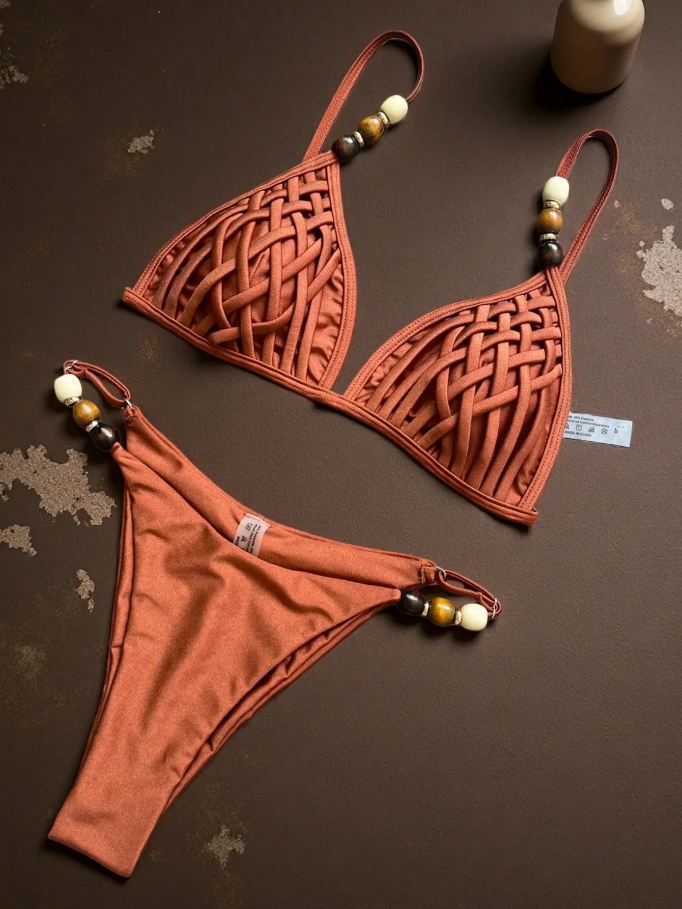 Sexy marrone bikini set 2026 donne perle cinturino foro fuori reggiseno push up perizoma costume da bagno brasiliano spiaggia costume da bagno micro costumi da bagno