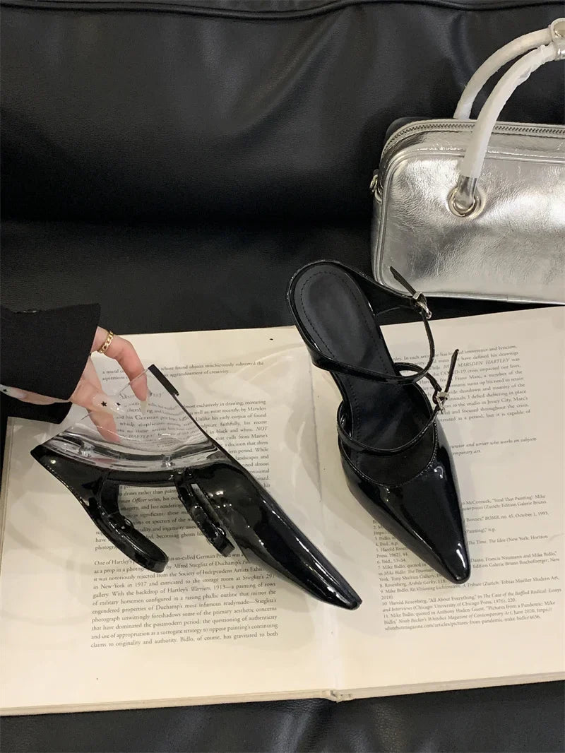 Liyke New Fashion Transparent Wedge Slippers Women Pumps Patent Leather Pointed Toe Buckle Strap Designer High Heels Mules Shoes