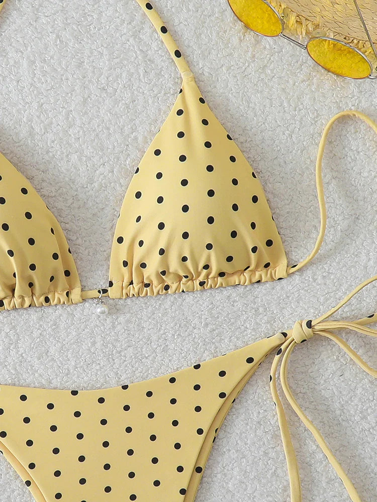 Bikini di Tendenza 2026, Costume da Bagno Sexy con Perle, Micro Bikini a Pois, Abbigliamento da Spiaggia per Donna