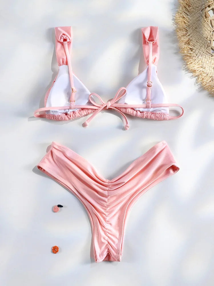 Set Bikini Sexy con Pieghe, Micro Bikini Tinta Unita, Costume da Bagno Femminile a Triangolo, Abbigliamento da Spiaggia