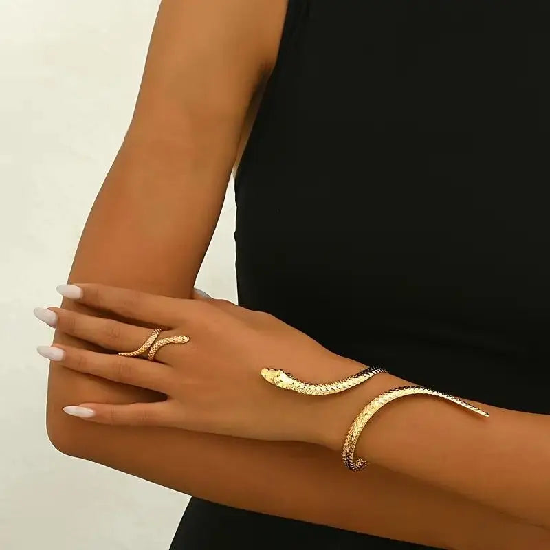 Offerta Speciale: Set di 2 Bracciali e Anelli a Forma di Serpente Punk, Bracciali Apribili a Spirale e Anelli per Dita, Gioielli per Mani Unisex
