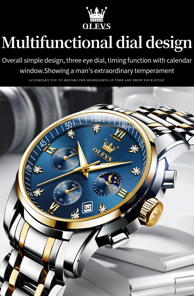 OLEVS 2858 Orologio da Uomo in Acciaio Inossidabile, Impermeabile, Antigraffio, con Fasi Lunari, Luminoso, Cronografo, Orologio da Polso al Quarzo di Lusso