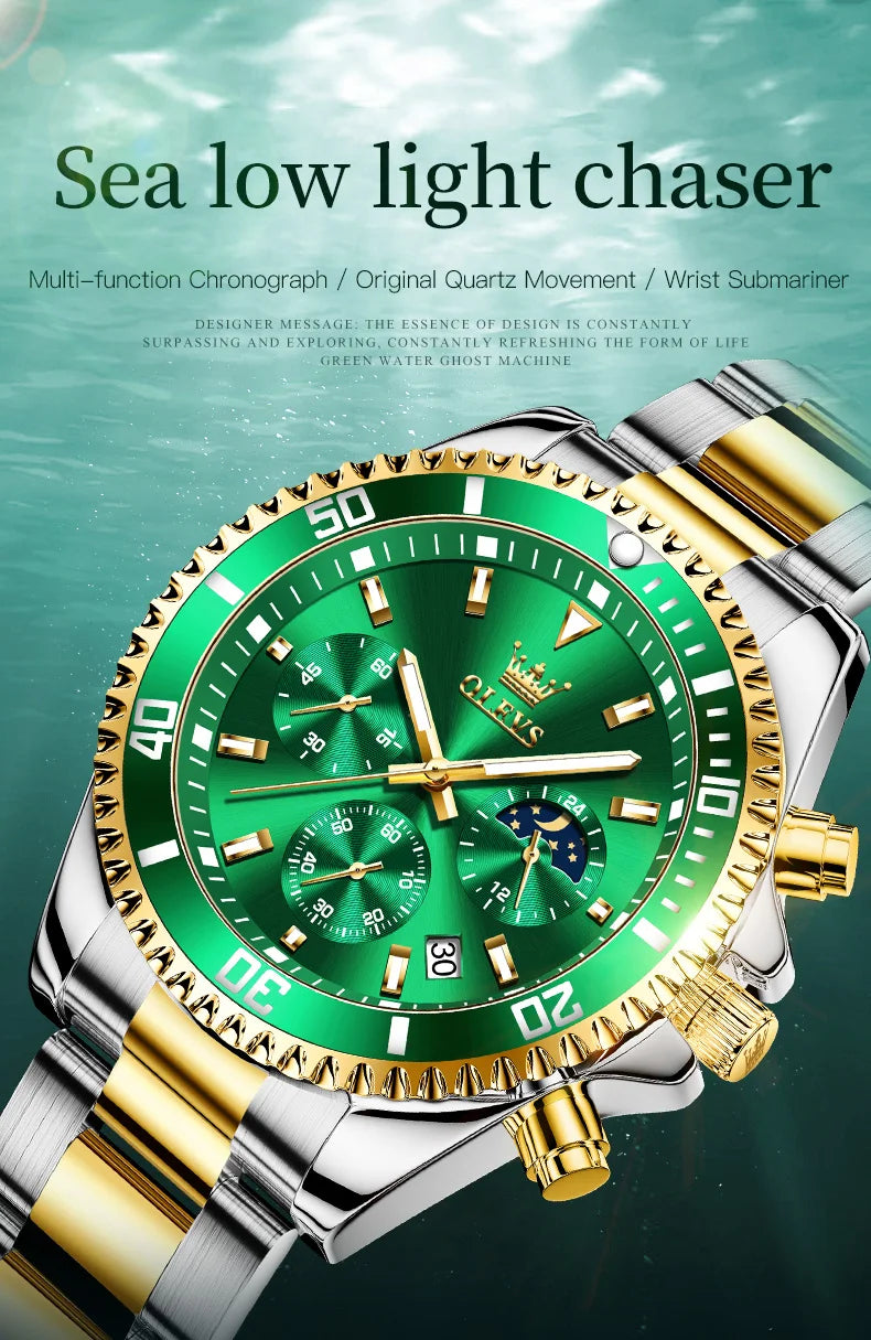 OLEVS Orologi da uomo Orologio di lusso delle migliori marche da uomo Cronografo originale impermeabile in acciaio inossidabile Fasi lunari Data Quadrante Rota