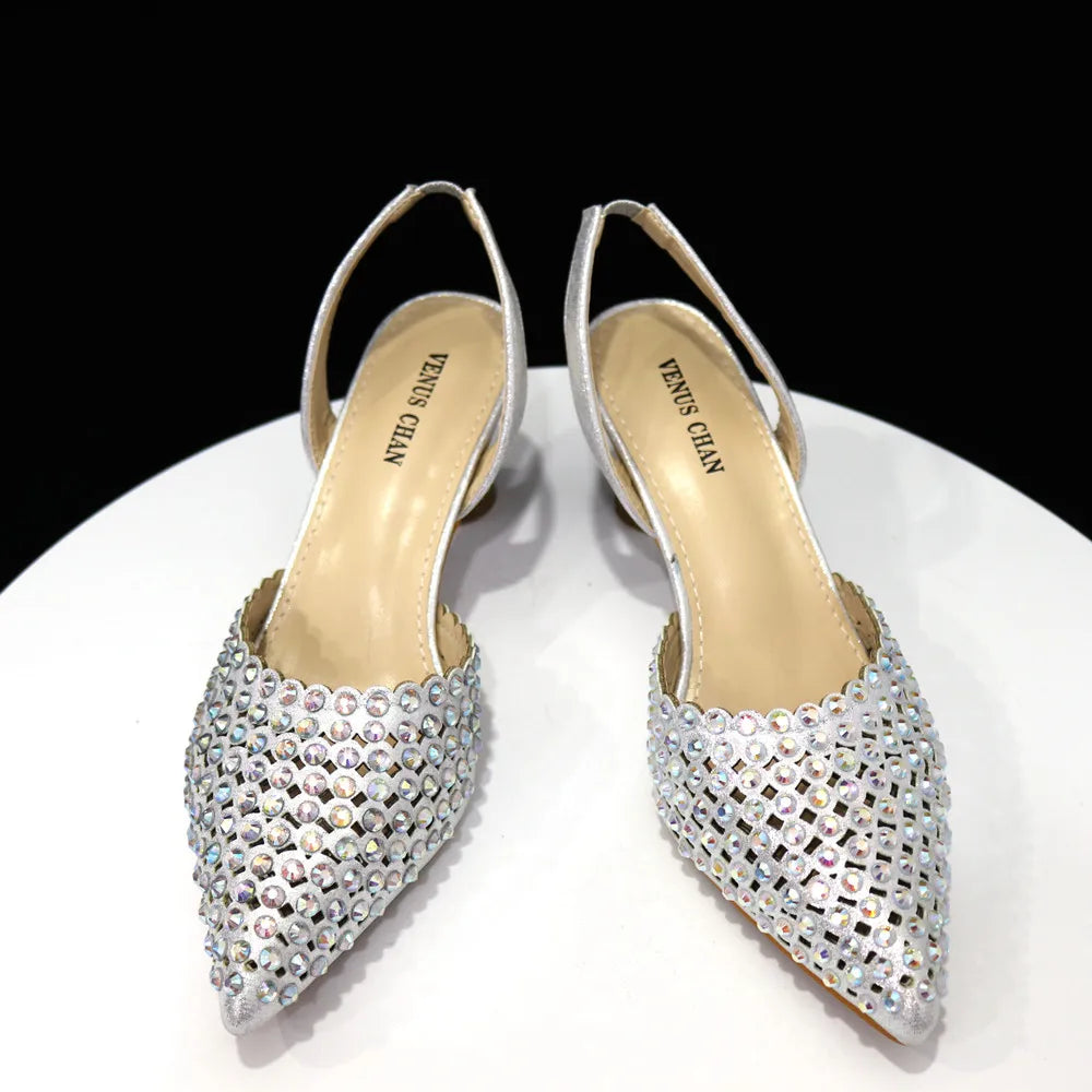 Venus Chan Pointed Toe Heels for Women 2023 Elegant Party Wine Color Full Diamond Pumps Italian Shoes and Bags Matching Set