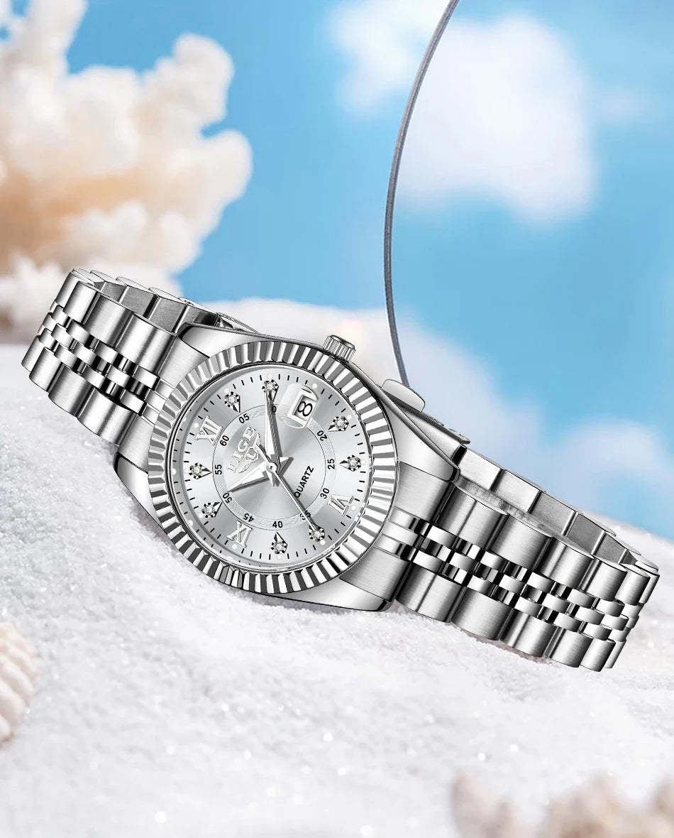Orologio da Polso LIGE di Lusso con Strass per Donna, Cinturino in Acciaio Inossidabile, Movimento al Quarzo, Regalo, Reloj Mujer