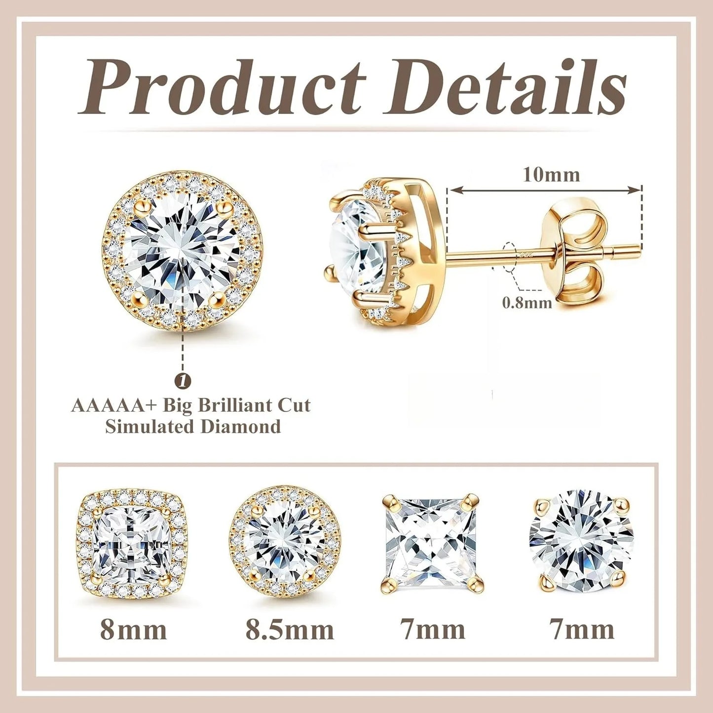 Drperfect Orecchini in argento con zirconi cubici per donna Uomo Orecchini a bottone delicati ipoallergenici placcati in oro 14 carati