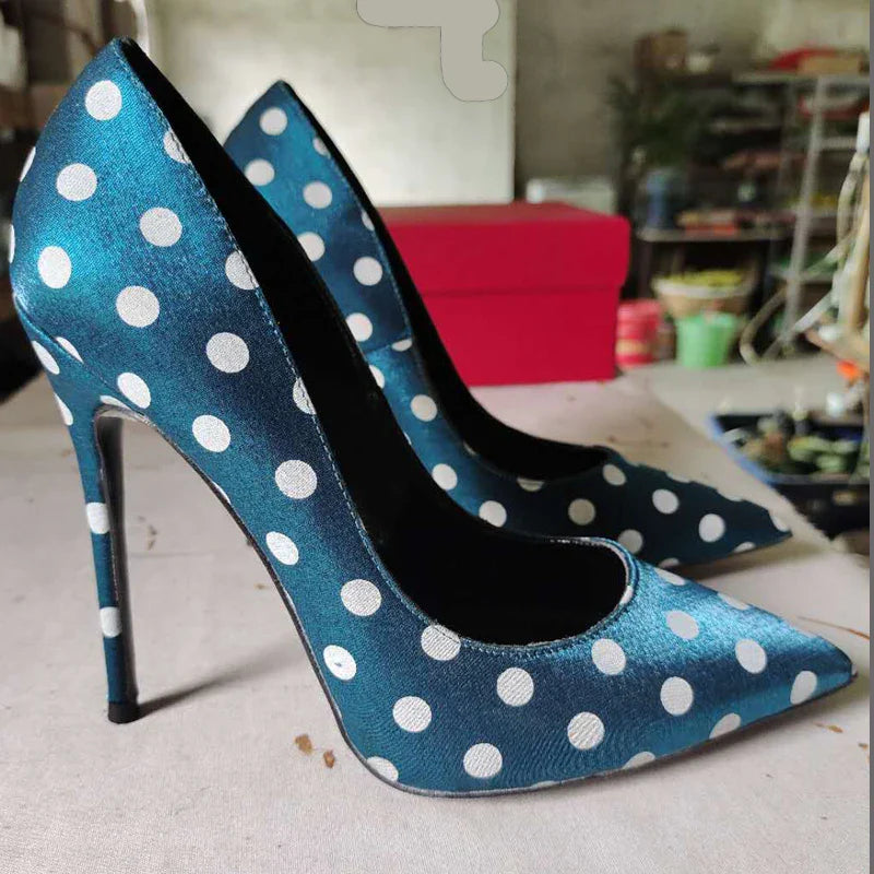 New round polka dot silk high heels with pointed toe, shallow mouth, thin heel 12cm Sexy French Girl Single Shoes