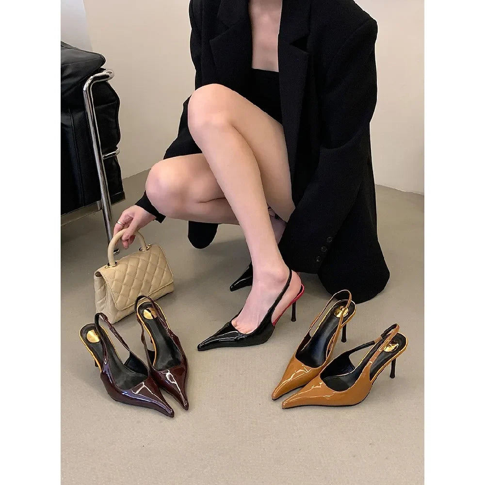 Eilyken Spring Fashion Sexy Thin Heels Pointed Toe Pumps Women Mule Shoes Elegant Patent Leather Banquet Striptease Sandals