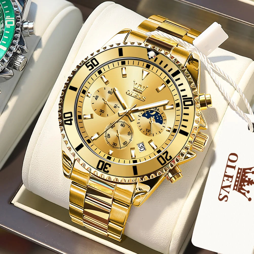 OLEVS Orologi da uomo Orologio di lusso delle migliori marche da uomo Cronografo originale impermeabile in acciaio inossidabile Fasi lunari Data Quadrante Rota