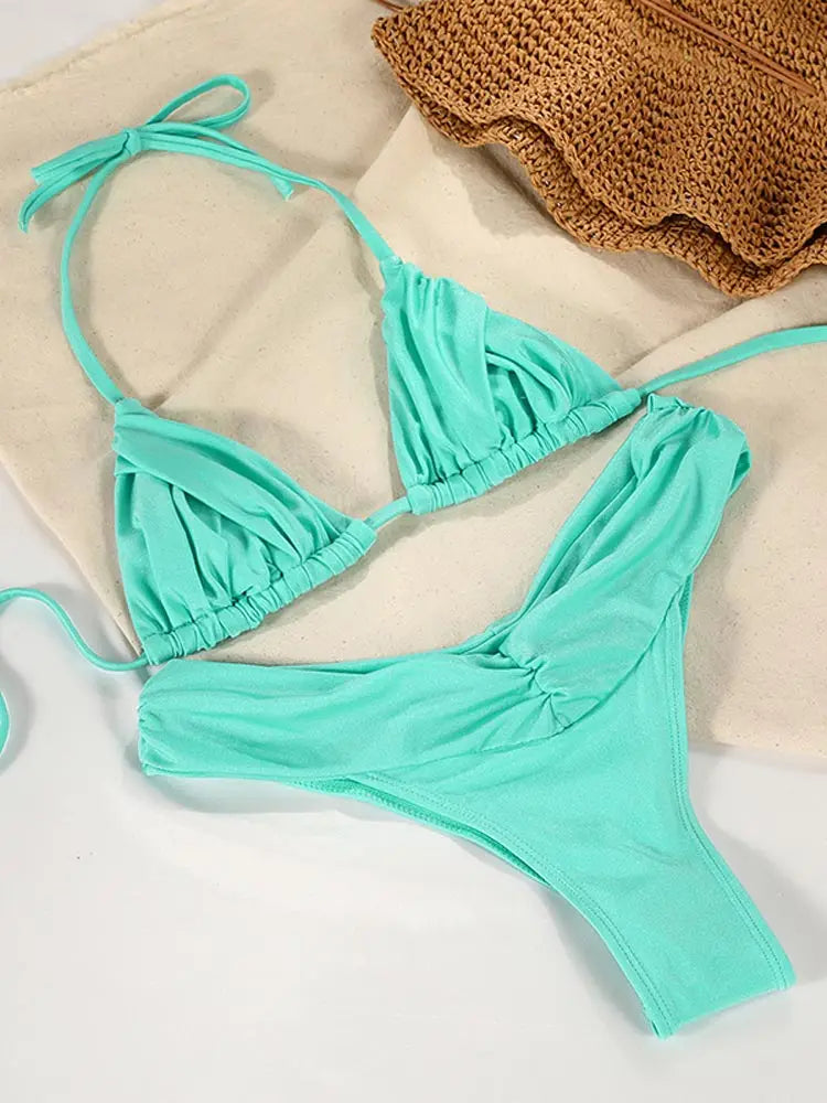 Set Bikini Sexy con Pieghe, Micro Bikini Tinta Unita, Costume da Bagno Femminile a Triangolo, Abbigliamento da Spiaggia