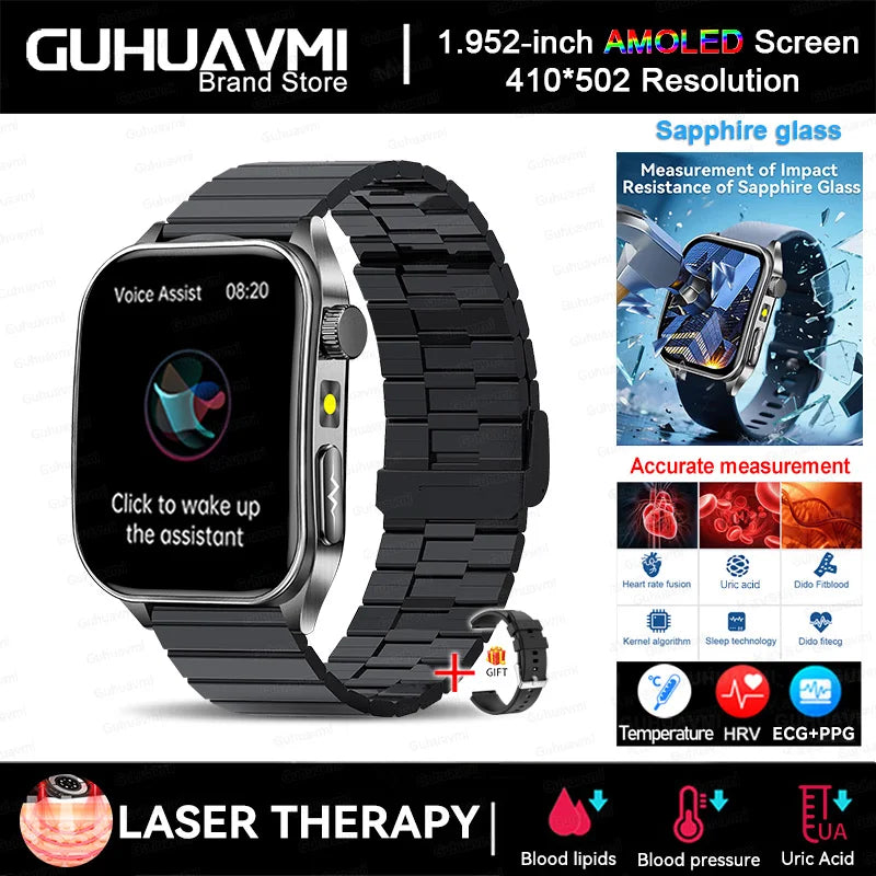 2025 Trattamento laser Tre Smartwatch alti 1.95 "Schermo curvo in zaffiro ECG + PPG Grasso nel sangue Acido urico Diagnosi salute Smartwatch