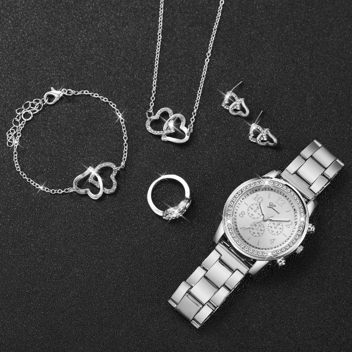 6 pezzi/set orologio da donna moda strass cinturino in acciaio inossidabile orologio al quarzo doppio cuore set di gioielli (senza scatola)