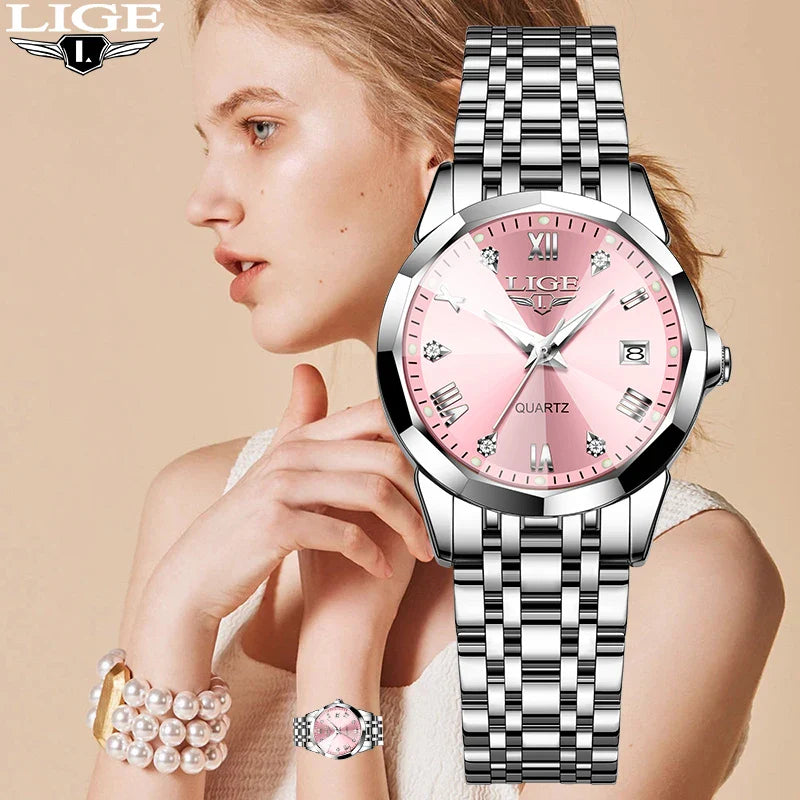LIGE Elegante Orologio da Polso da Donna Ultrasottile in Stile Nordico Semplice con Movimento al Quarzo, Bracciale in Acciaio Inossidabile alla Moda