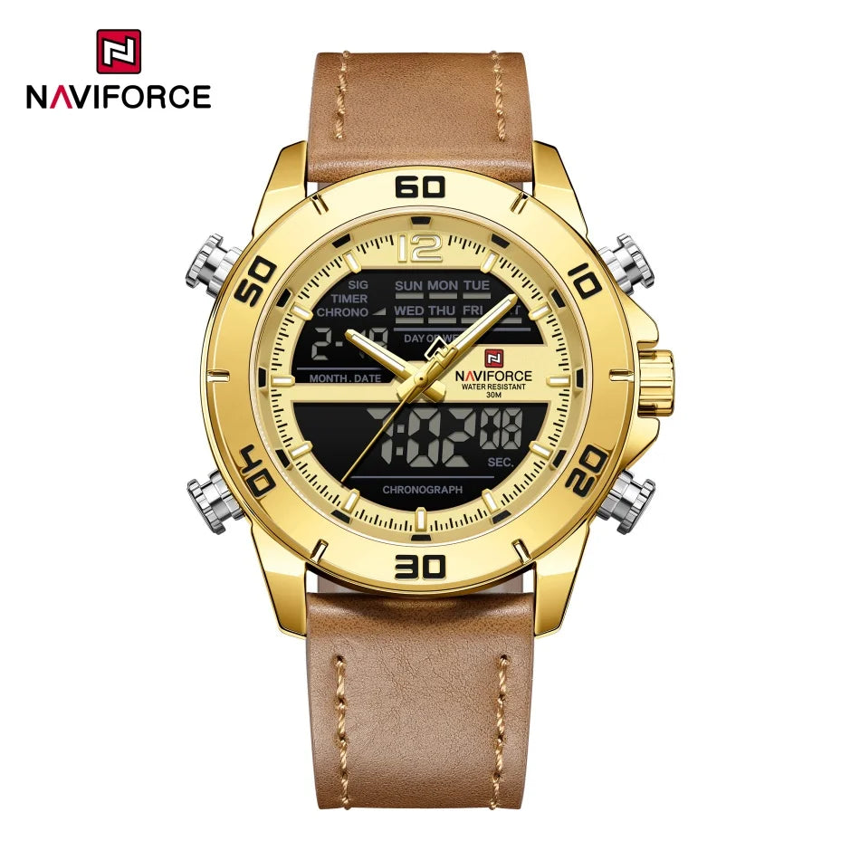 NAVIFORCE Orologio alla moda da uomo con cinturino in vera pelle Movimento al quarzo resistente all'acqua 30M Display luminoso con giorno e data F