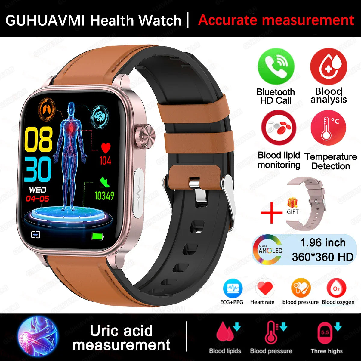 Nuovo 2025 Smartwatch per XIAOM1 con ECG+PPG, Monitoraggio Grasso Sanguigno e Acido Urico, Frequenza Cardiaca, Pressione Sanguigna, Chiamate Bluetooth per Uomini e Donne