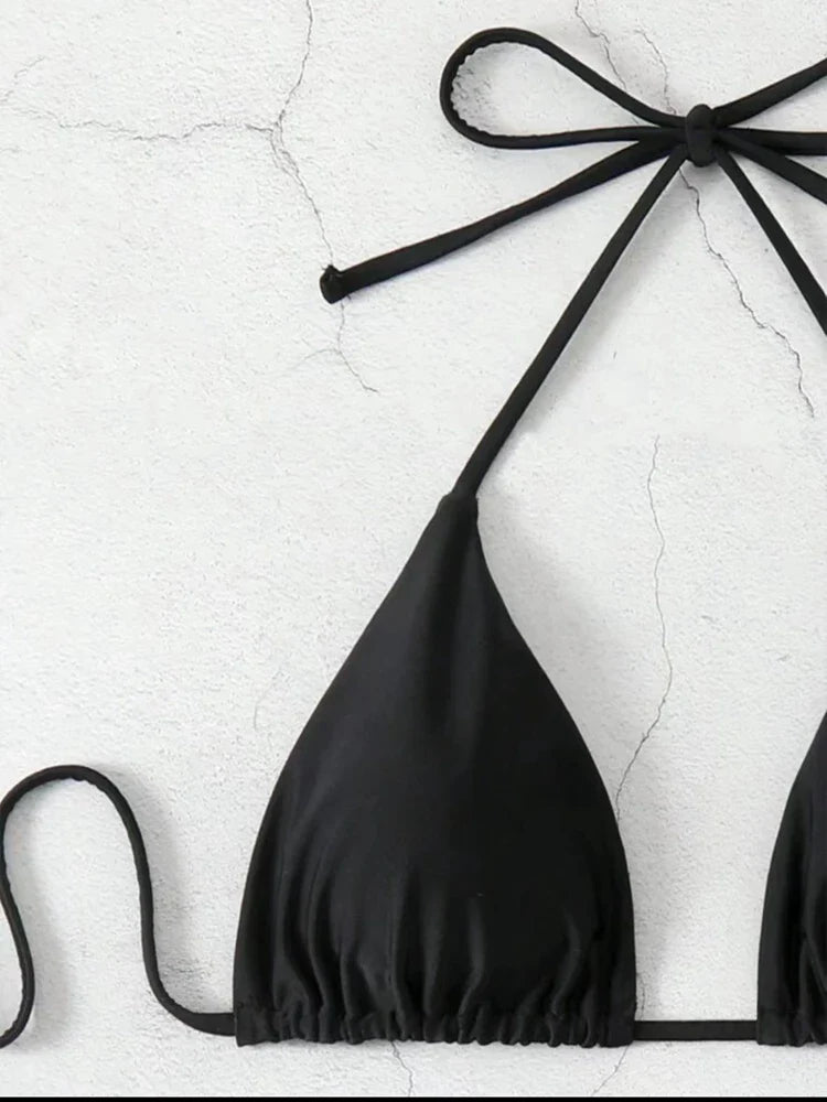 Costume da bagno bikini a perizoma da donna sexy, tinta unita bianco/nero/caffè, con laccetti, stile brasiliano, nuovo, in doppio tessuto, per la spiaggia