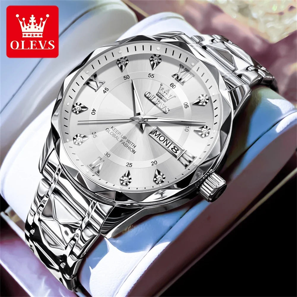 OLEVS Orologio da uomo al quarzo originale Orologio da uomo di lusso con calendario aziendale alla moda in acciaio inossidabile Orologio da specchio a forma impermeabile