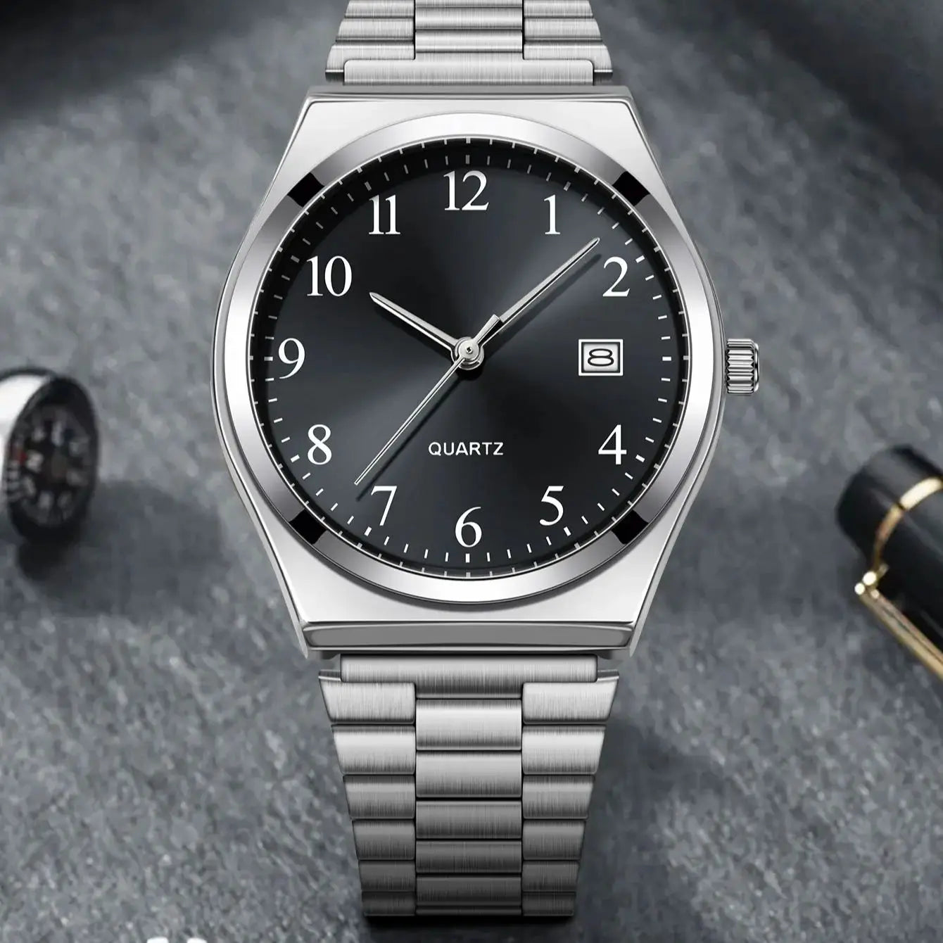 LUCKY FOX - Orologio da polso elegante e minimalista in acciaio inossidabile con quadrante nero - Cronometraggio preciso per tutti i giorni