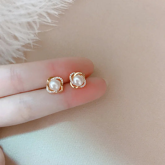 Gioielli in oro 14k di lusso Orecchini in oro reale Zircone Perla Twist Orecchini a bottone di lusso per le donne Brincos Pendientes Bijoux