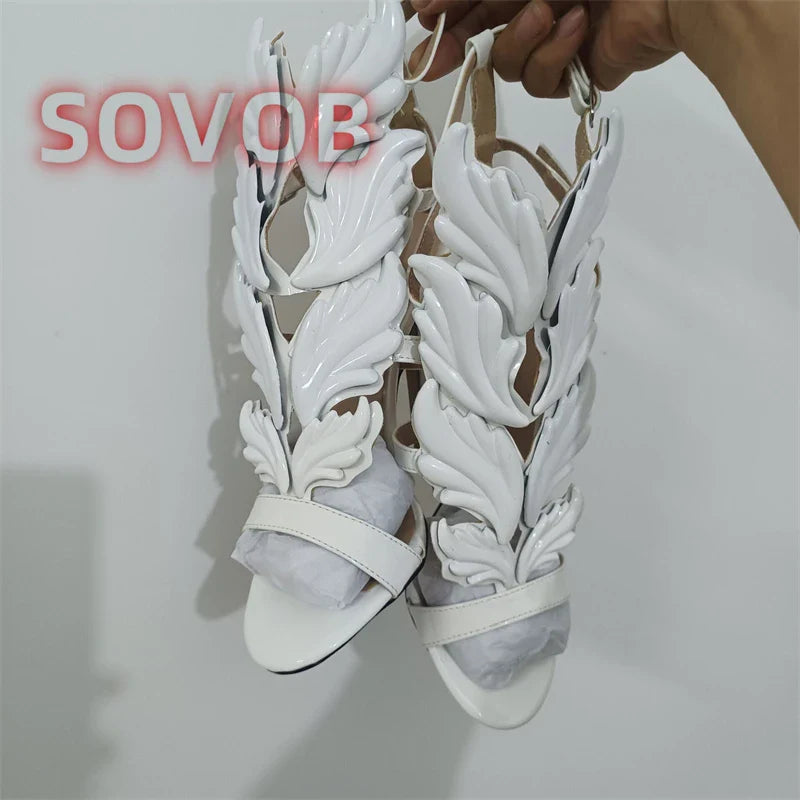 White Elegant Prom Heels Sandals Open Toe Leaf Wing Caged Sandals Chic Party Event Stiletto Shoes Stylish Party Footwear