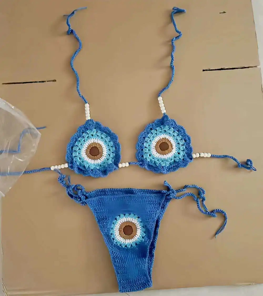 Bikini Sexy Intrecciato a Mano 2026 da Donna Verde Patchwork con Perline e Laccetti Micro Costume da Bagno Lavorato a Maglia per la Spiaggia