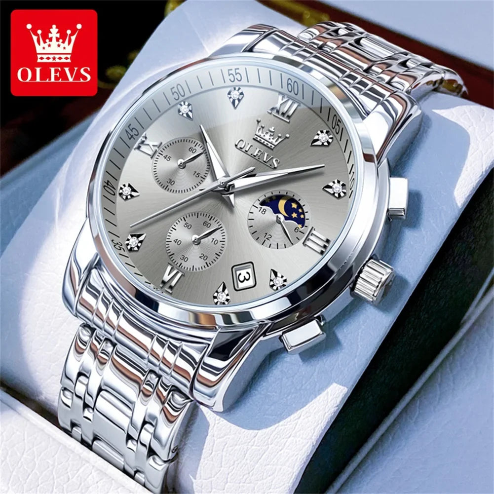 OLEVS 2858 Orologio da Uomo in Acciaio Inossidabile, Impermeabile, Antigraffio, con Fasi Lunari, Luminoso, Cronografo, Orologio da Polso al Quarzo di Lusso