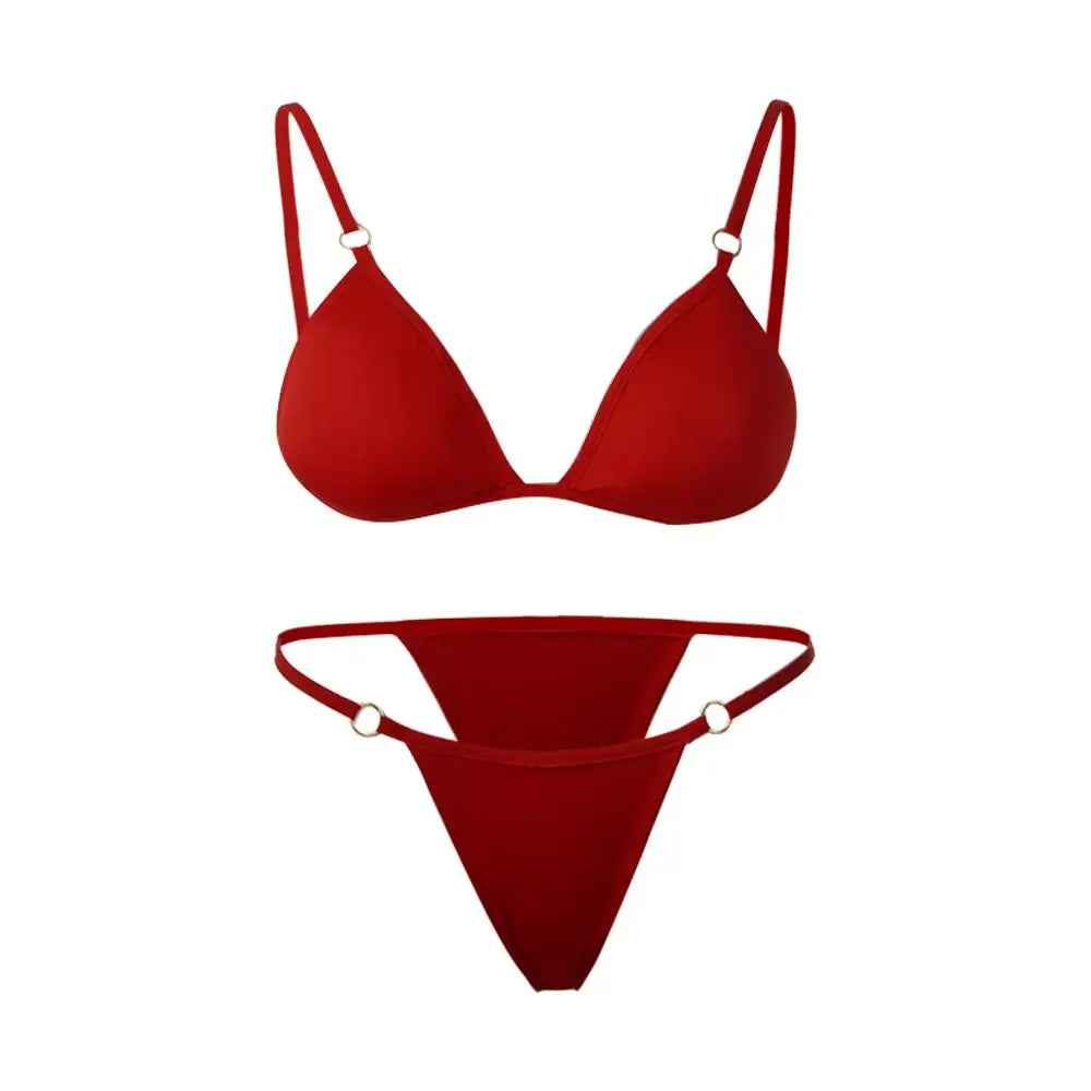 Costume da bagno bikini sexy da donna in tinta unita con fibbia in metallo decorato con costumi da bagno brasiliani per vacanze al mare