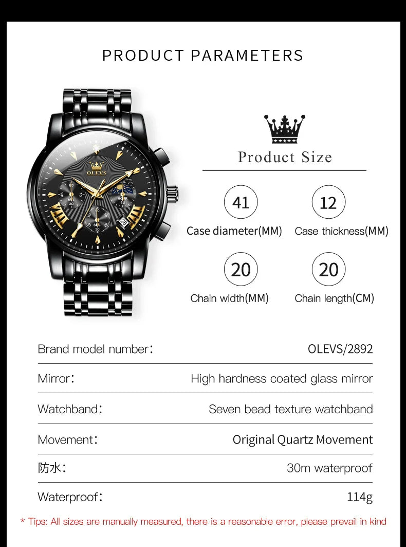 OLEVS Orologi al quarzo da uomo Orologi di marca in acciaio inossidabile Orologio sportivo impermeabile per uomo Cronografo con fasi lunari