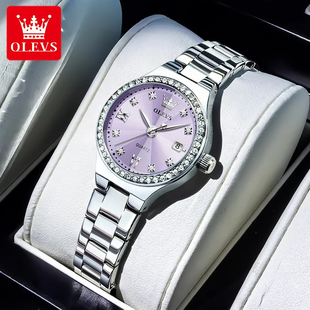 OLEVS 5628 Orologio al quarzo da donna Orologio da polso impermeabile luminoso in acciaio inossidabile con scala di diamanti e funzione data