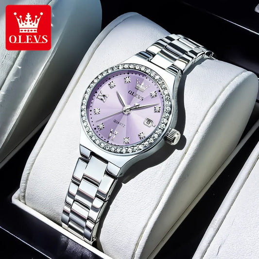 OLEVS 5628 Orologio al quarzo da donna Orologio da polso impermeabile luminoso in acciaio inossidabile con scala di diamanti e funzione data