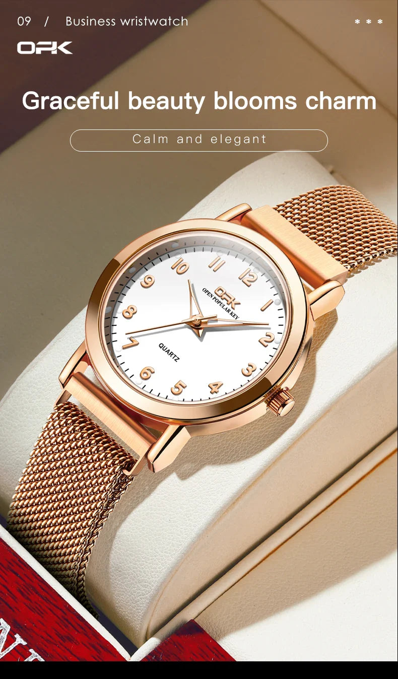 OPK 8115 Orologio da donna Orologio da polso al quarzo originale alla moda semplice Cinturino in maglia di acciaio inossidabile Orologio impermeabile per donna Reloj