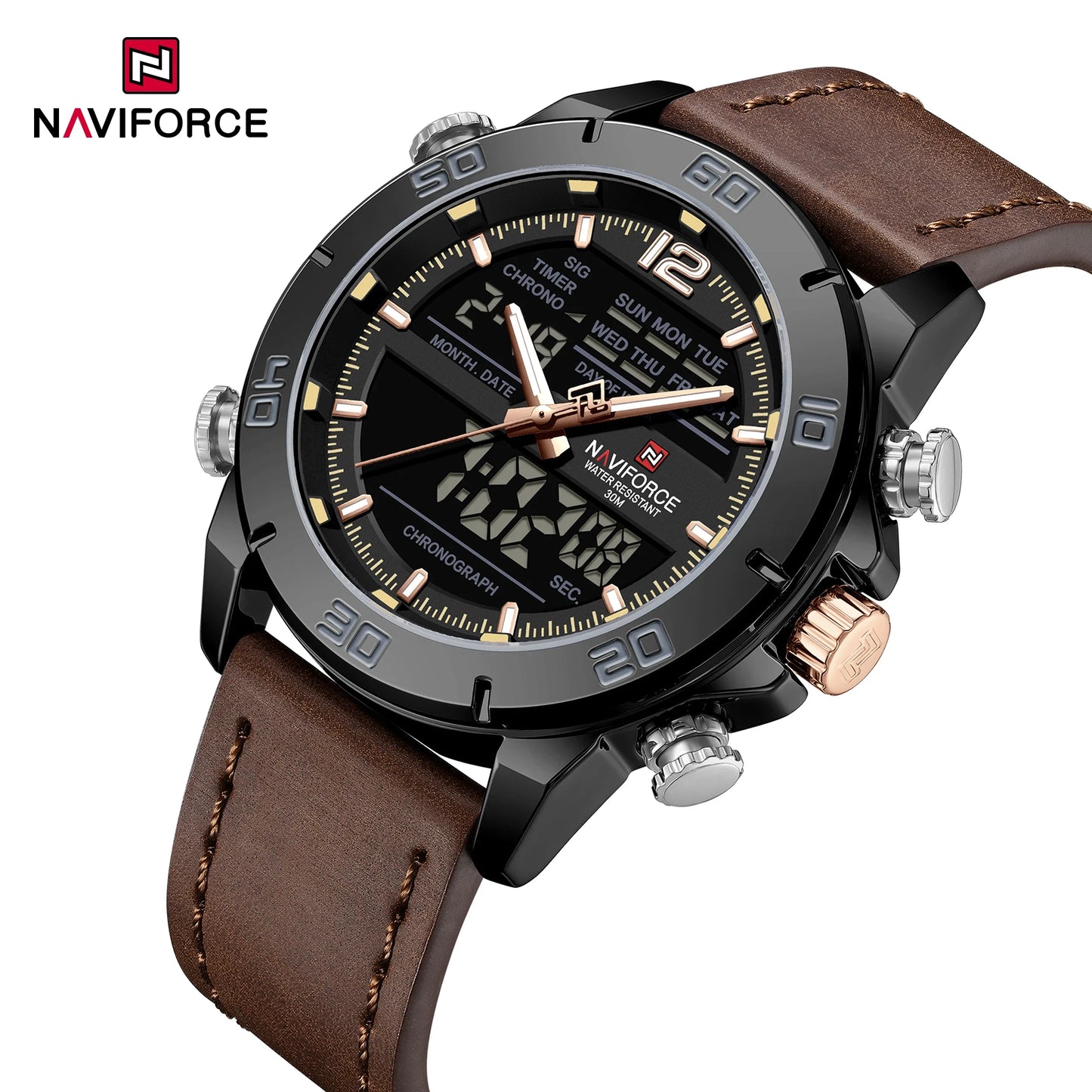 NAVIFORCE Orologio alla moda da uomo con cinturino in vera pelle Movimento al quarzo resistente all'acqua 30M Display luminoso con giorno e data F