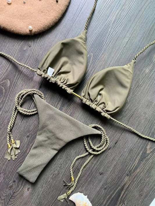 Costume da bagno bikini sexy con laccetti intrecciati, due pezzi, triangolare, stile brasiliano.