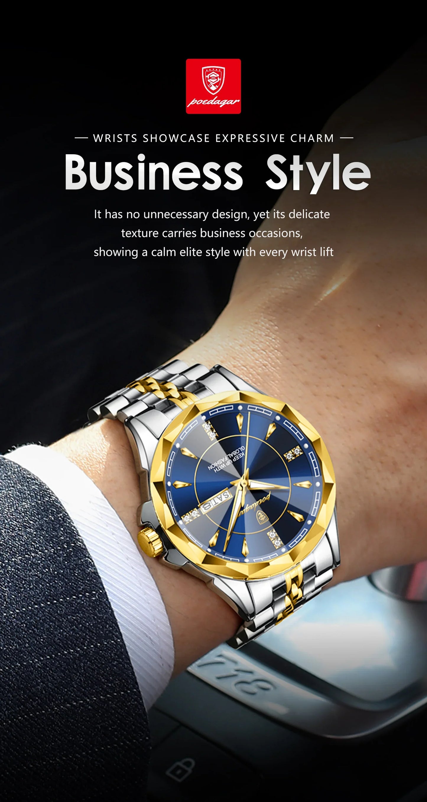 POEDAGAR Orologio da uomo di moda di lusso Top Business Impermeabile luminoso Data Settimana Orologi da uomo Orologio da polso da uomo in acciaio inossidabile al quarzo