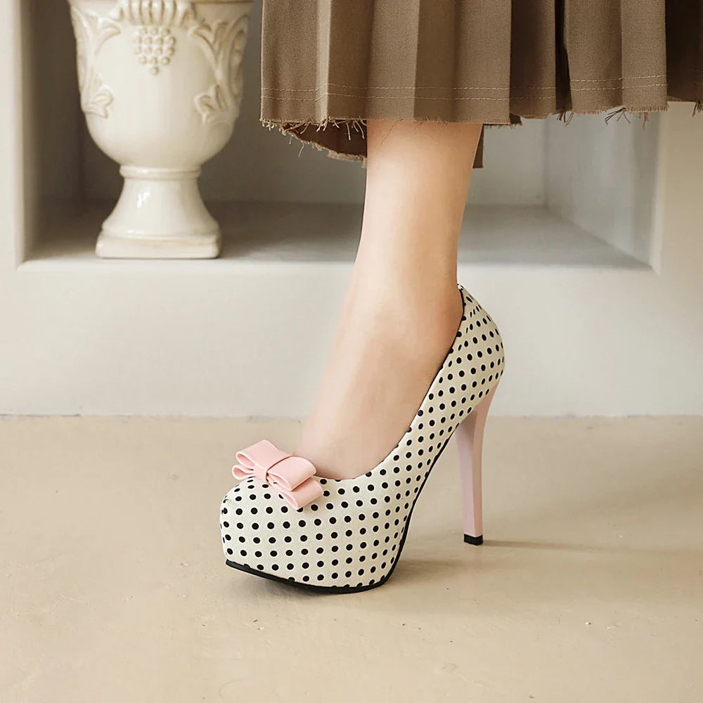 Sexy Super High Heels Women Platform Pumps Polka dot Bow Party Dress Shoes Woman Elegant Wedding Shoes Female 12cm Stilettos