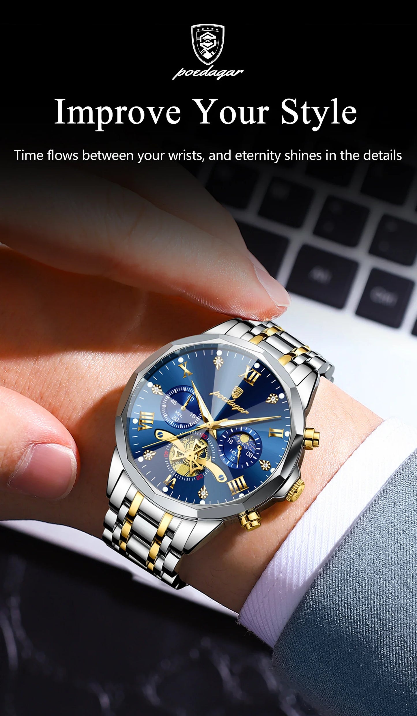 POEDAGAR Orologio da uomo di lusso Top originale impermeabile cronografo luminoso orologio da polso da uomo al quarzo in acciaio inossidabile orologi da uomo Reloj