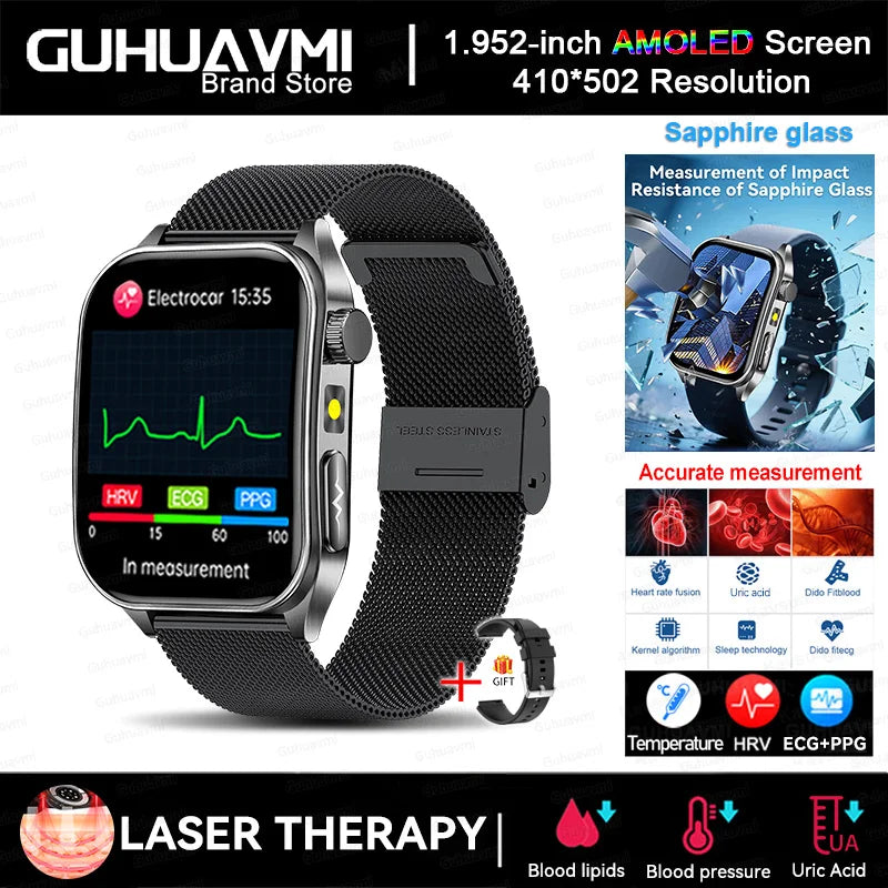 2025 Trattamento laser Tre Smartwatch alti 1.95 "Schermo curvo in zaffiro ECG + PPG Grasso nel sangue Acido urico Diagnosi salute Smartwatch