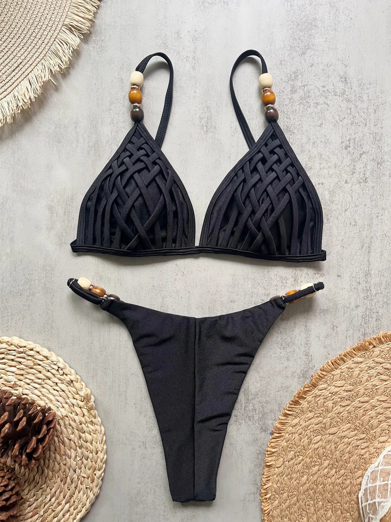 Sexy marrone bikini set 2026 donne perle cinturino foro fuori reggiseno push up perizoma costume da bagno brasiliano spiaggia costume da bagno micro costumi da bagno