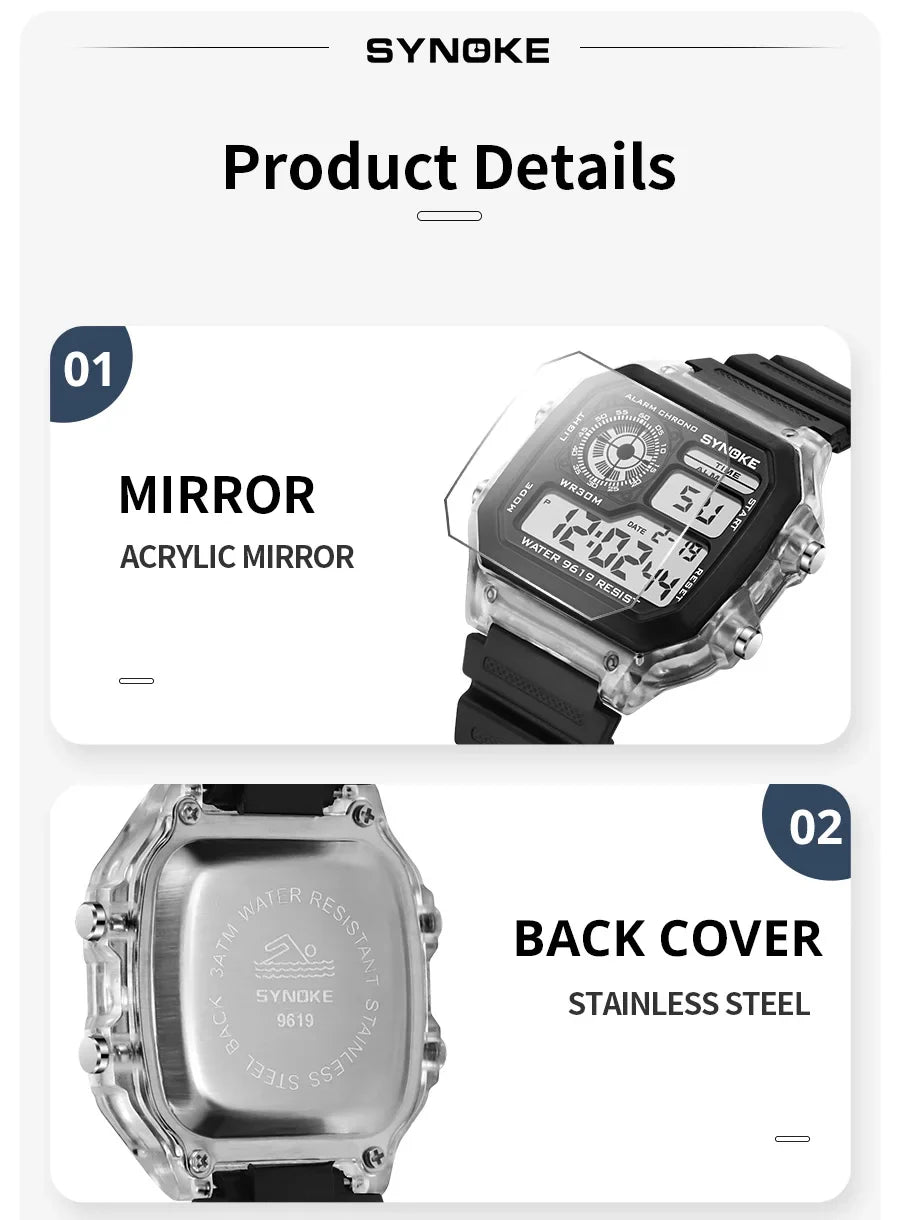 SYNOKE Digital Watches uomo sport luminoso multifunzione impermeabile orologio da polso da donna all'aperto e in esecuzione studente sette luci