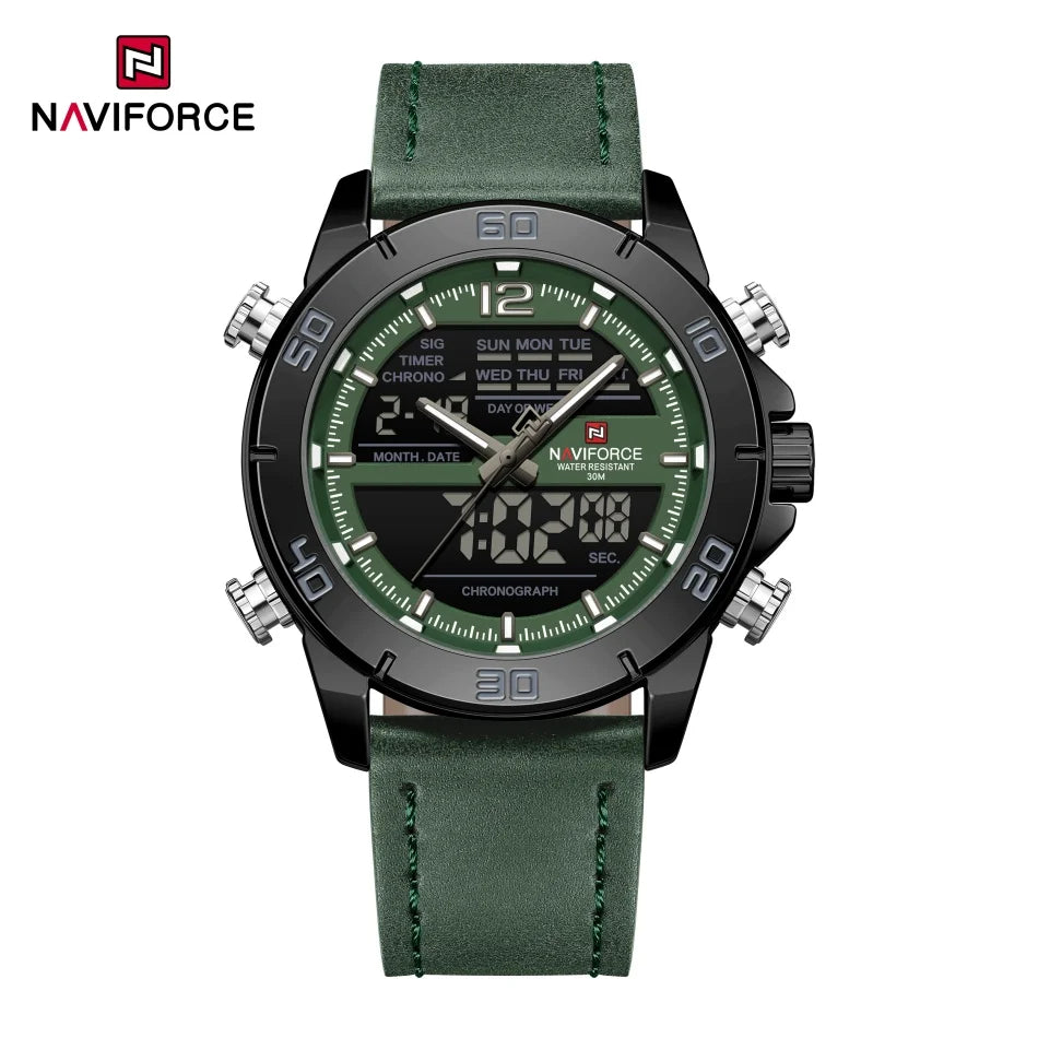 NAVIFORCE Orologio alla moda da uomo con cinturino in vera pelle Movimento al quarzo resistente all'acqua 30M Display luminoso con giorno e data F