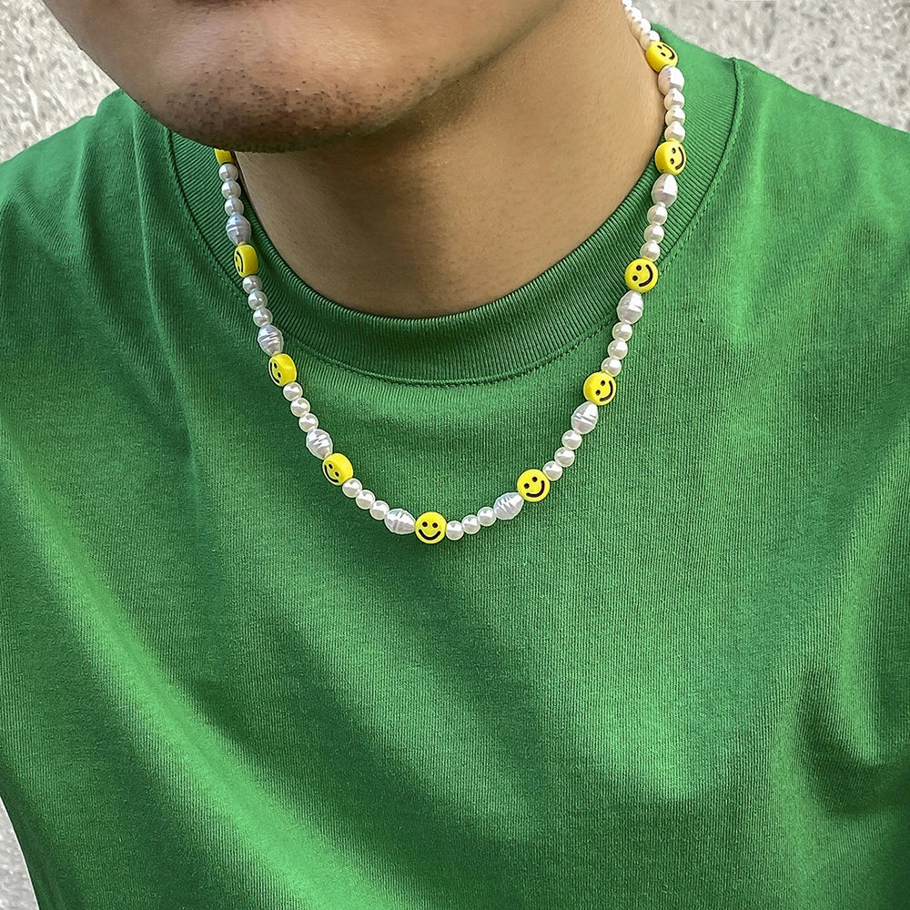 Bracciale con collana con volto sorridente di perle divertenti per donna Uomo Vitalità Sorriso colorato Accessori girocollo con perline Set di gioielli di moda