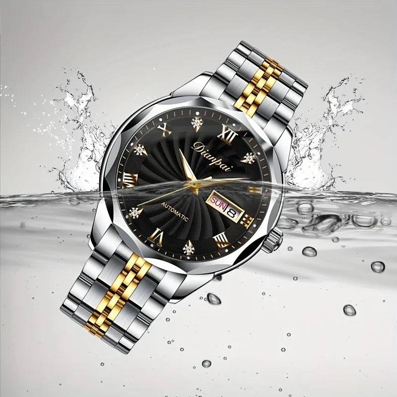 Dianpai Orologio meccanico automatico con cinturino luminoso in acciaio inossidabile, orologio nazionale da uomo alla moda.