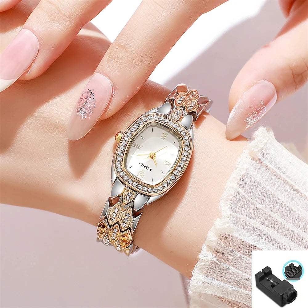 Orologio al quarzo moda donna placcato oro di lusso Semplice cinturino con fibbia di qualità per orologio da lavoro in acciaio inossidabile a forma di botte di Roma