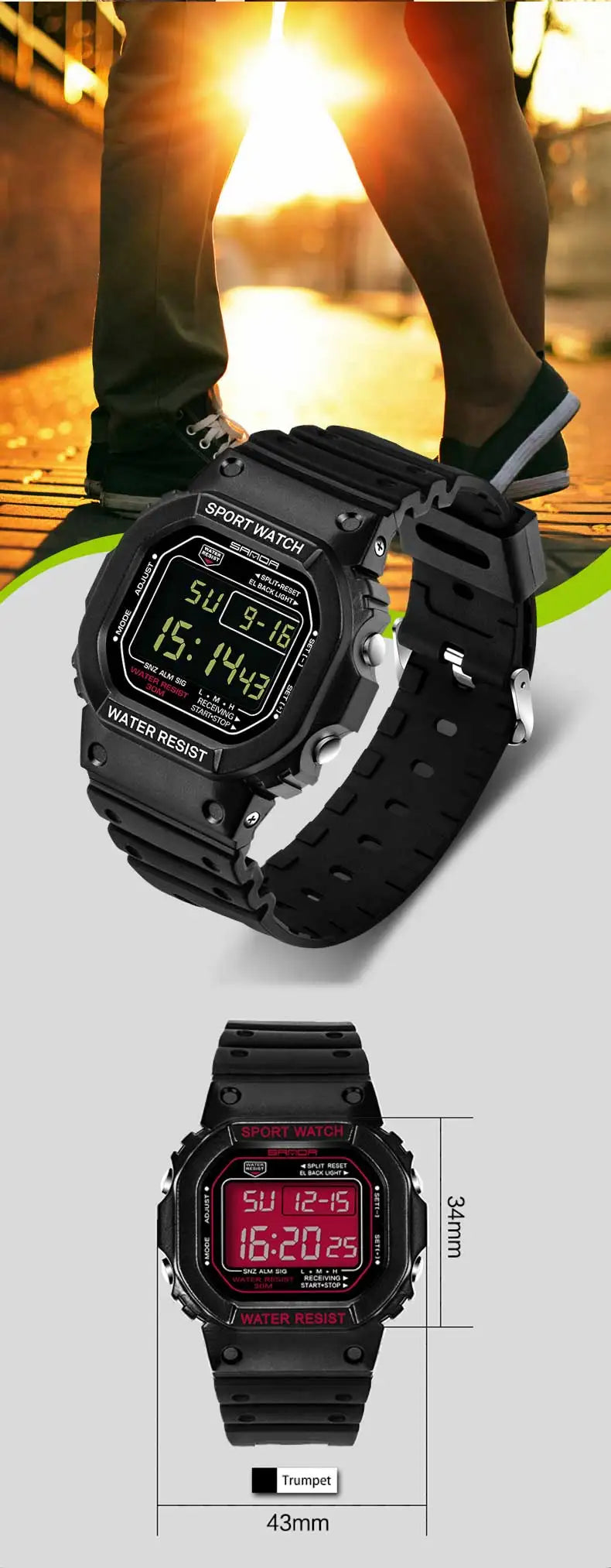 SANDA G Style LED Orologio digitale Unisex Antiurto Impermeabile Orologi sportivi Ragazzo Ragazza Cronometro Orologio elettronico a LED militare